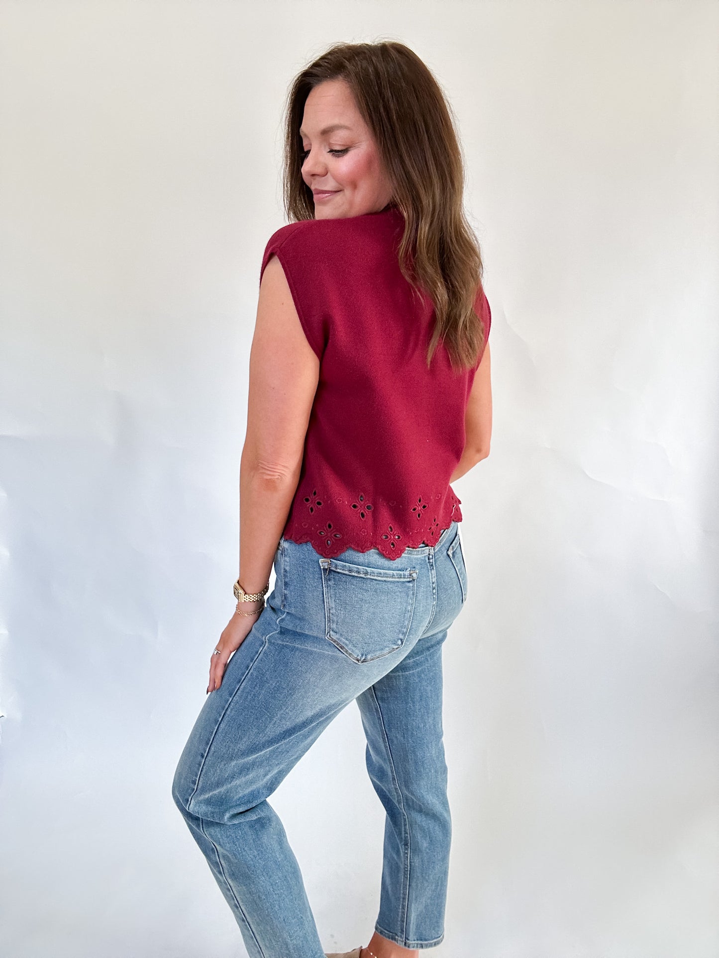 WINE DOWN EYELET SWEATER TOP