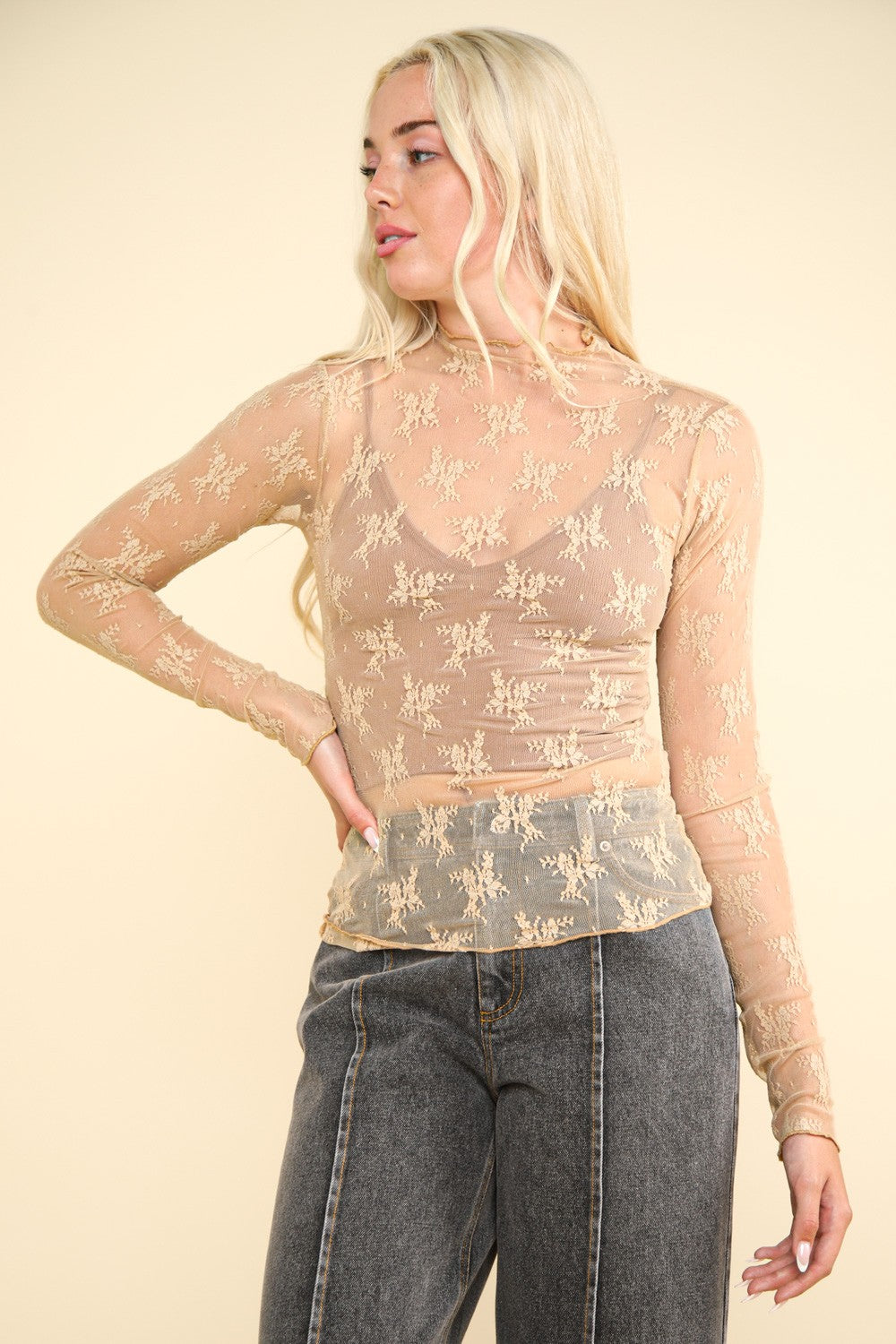LACE MESH TOP - CHAMPAGNE