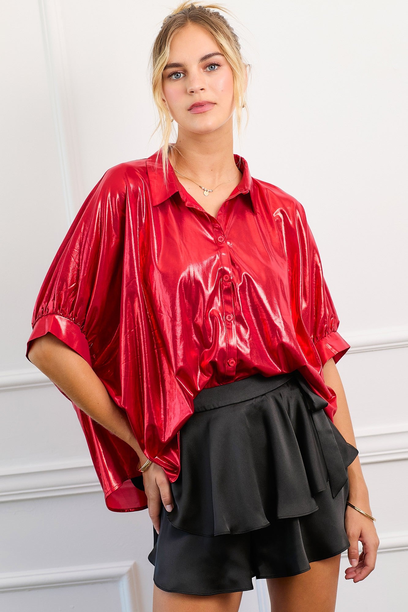 RED METALLIC BUTTON DOWN TOP