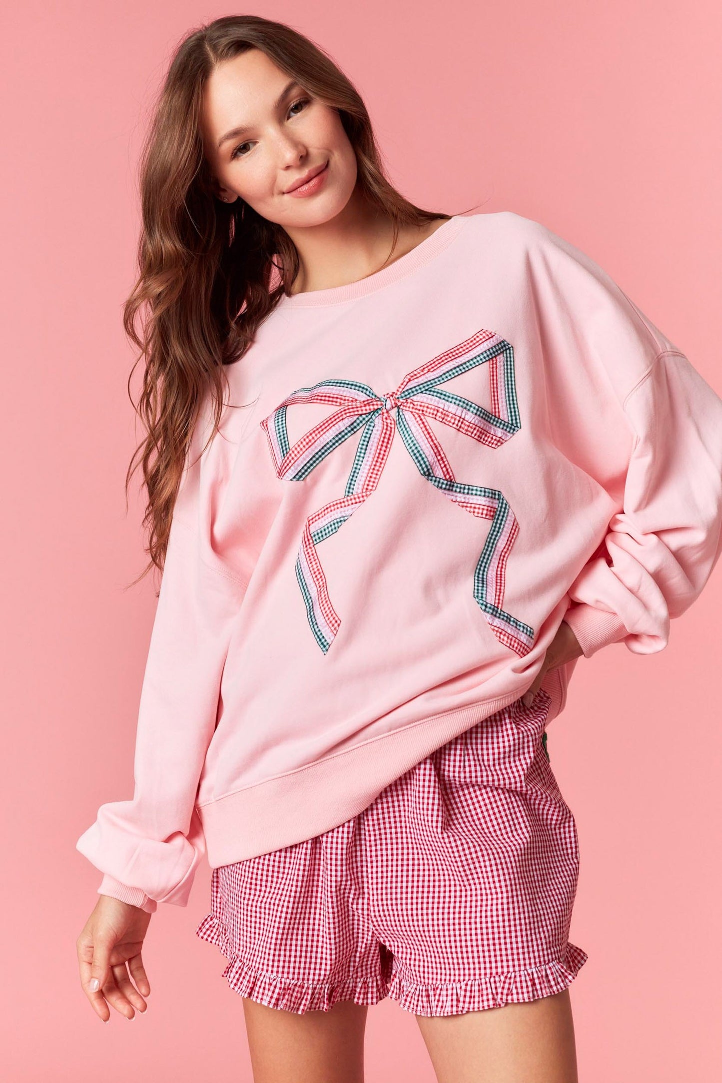 GINGHAM BOW CREWNECK - PINK