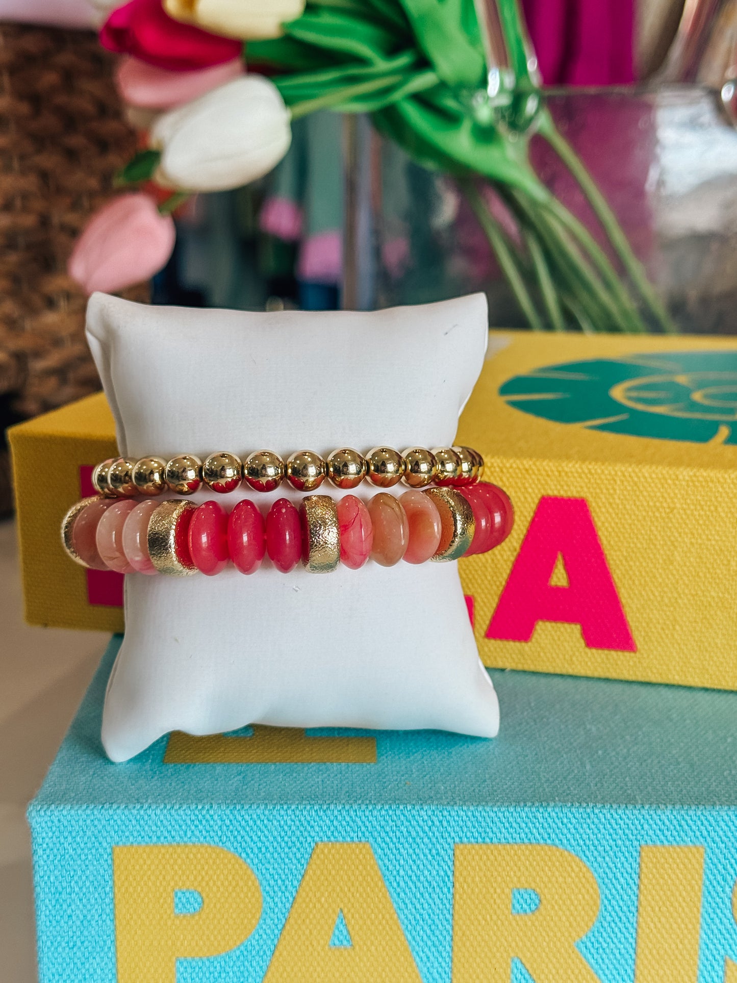 Rondelle & Gold Beaded Bracelet - Dusty Pink