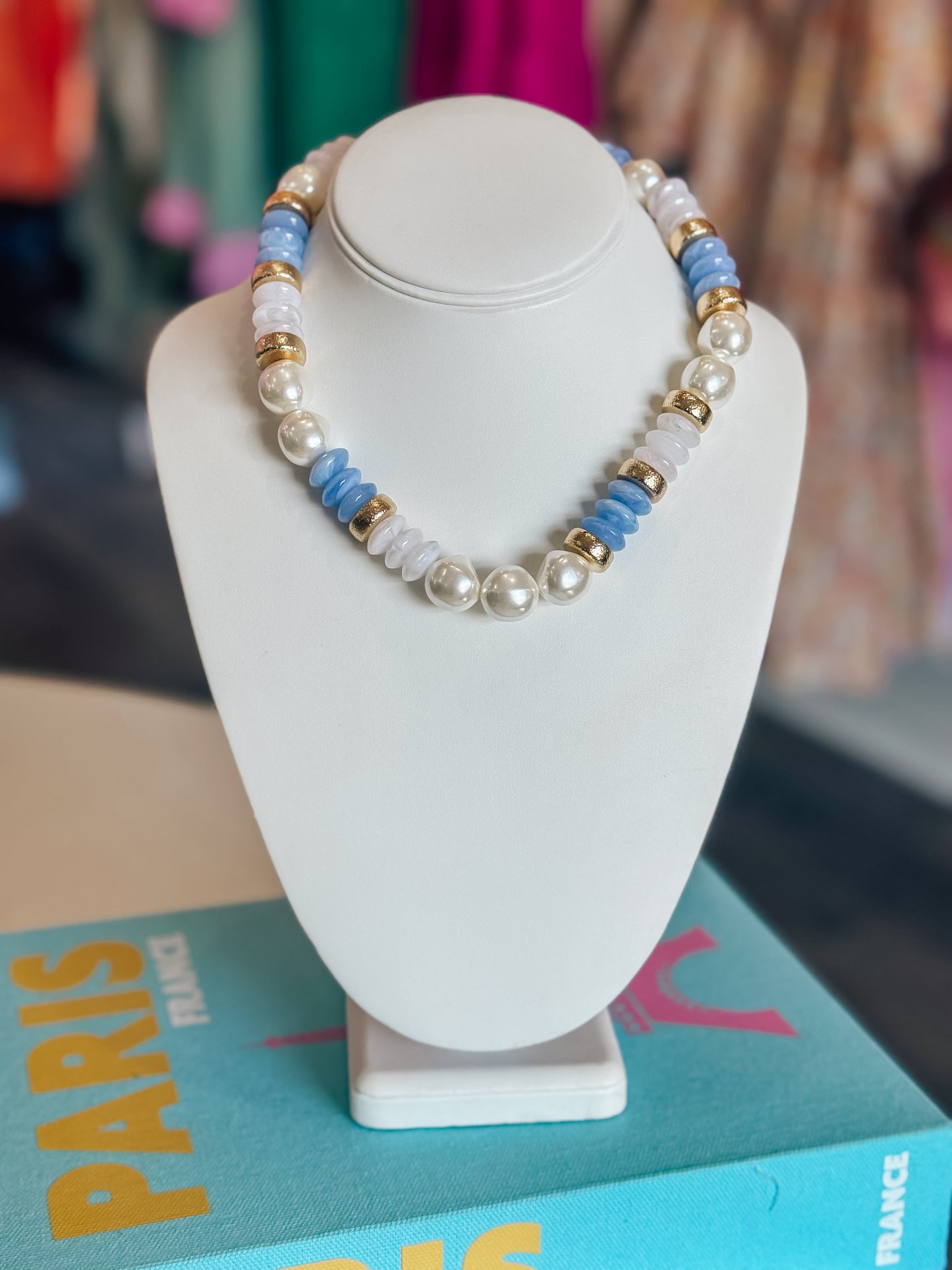 Pearl & Blue Rondelle Bead Necklace