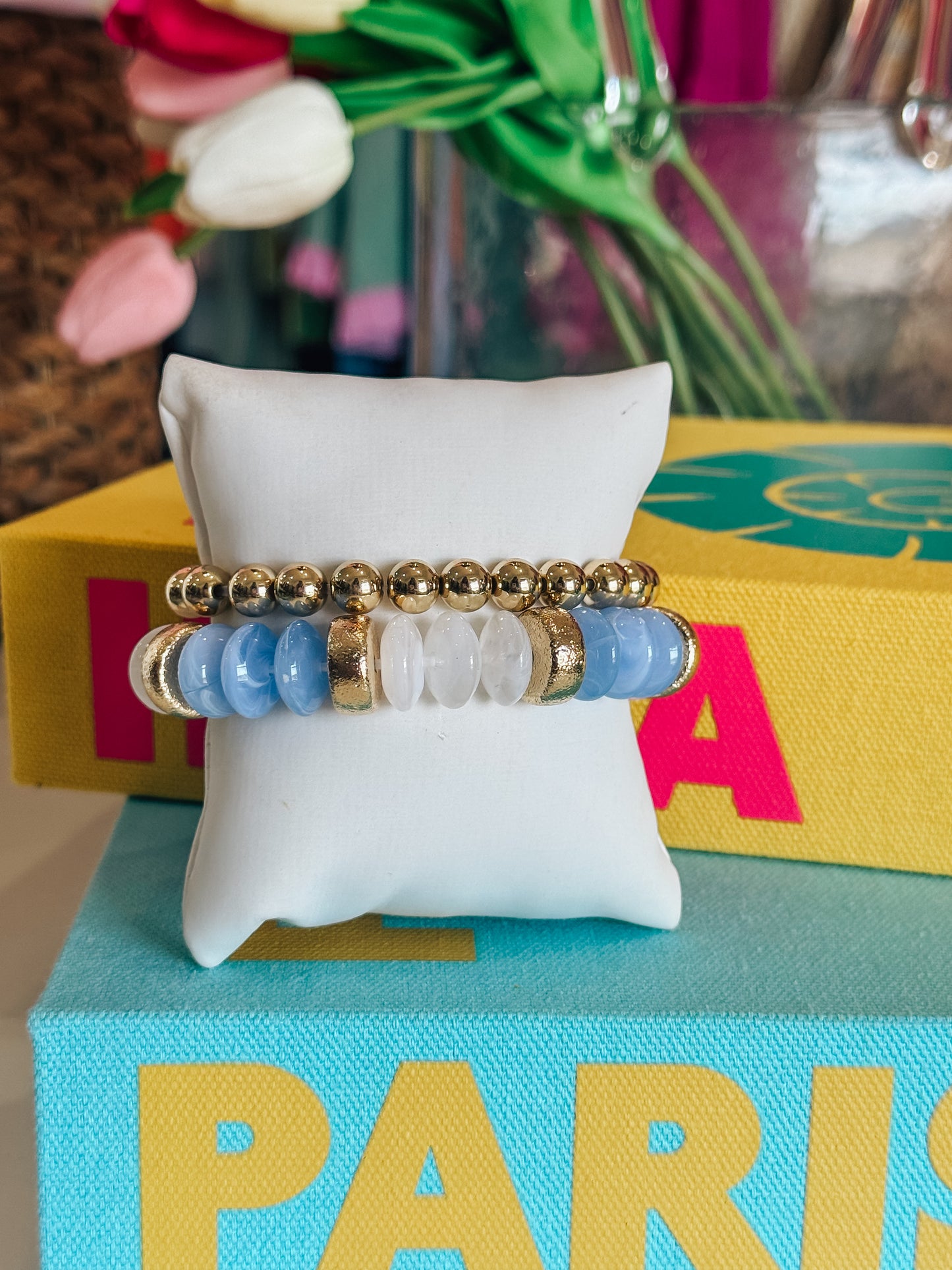 Rondelle & Gold Beaded Bracelet - Blue