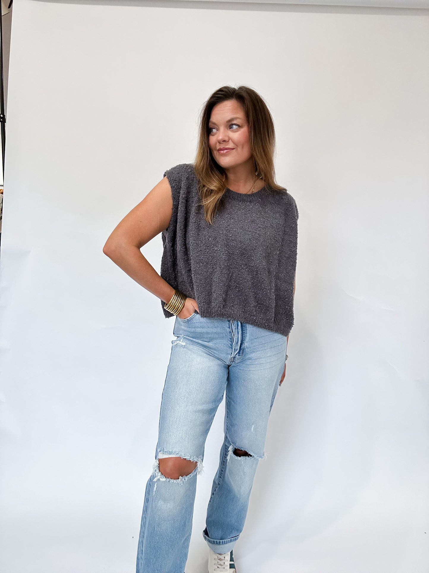 CHARCOAL TEDDY TOP - SIZE SMALL