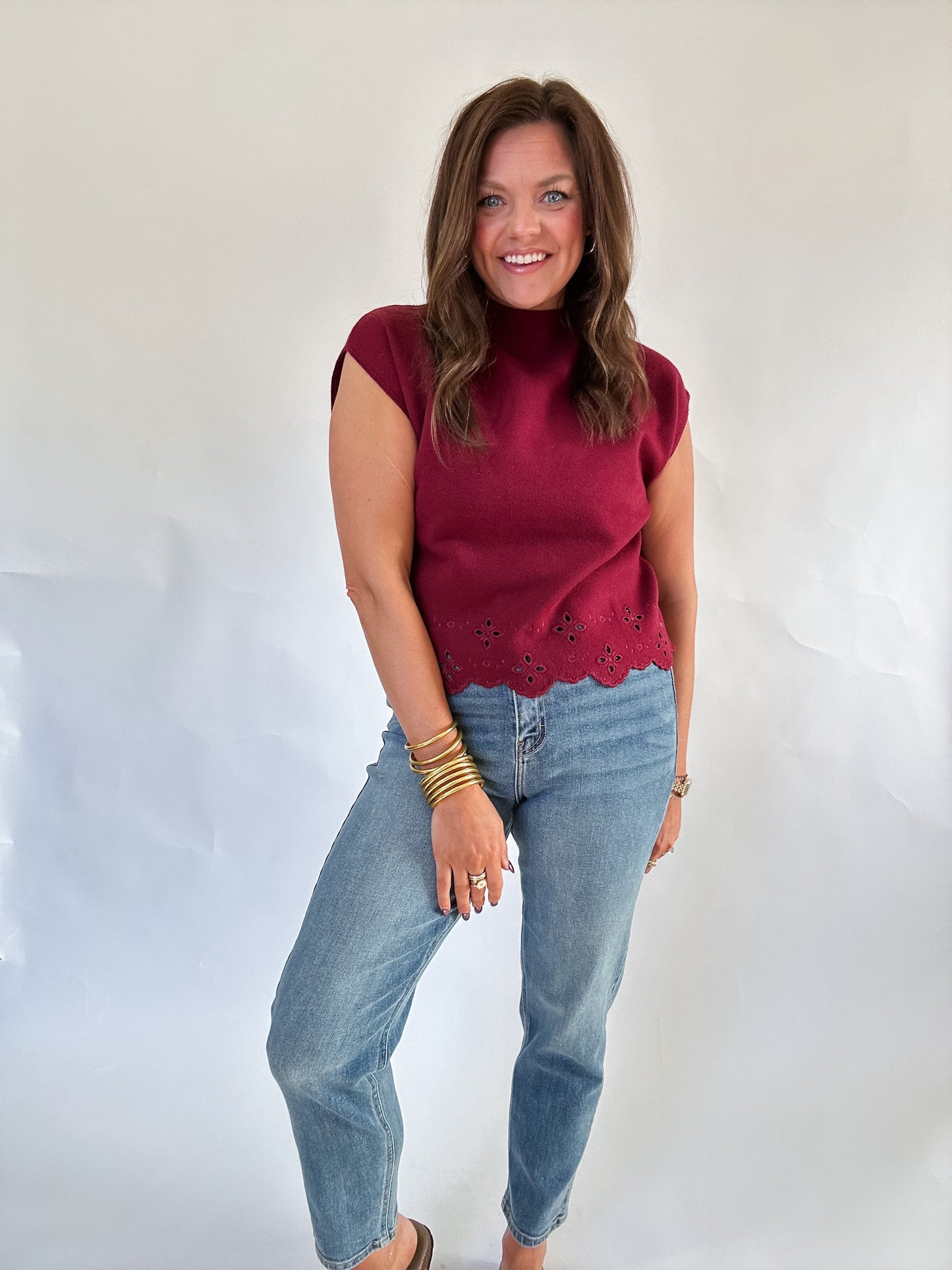 WINE DOWN EYELET SWEATER TOP