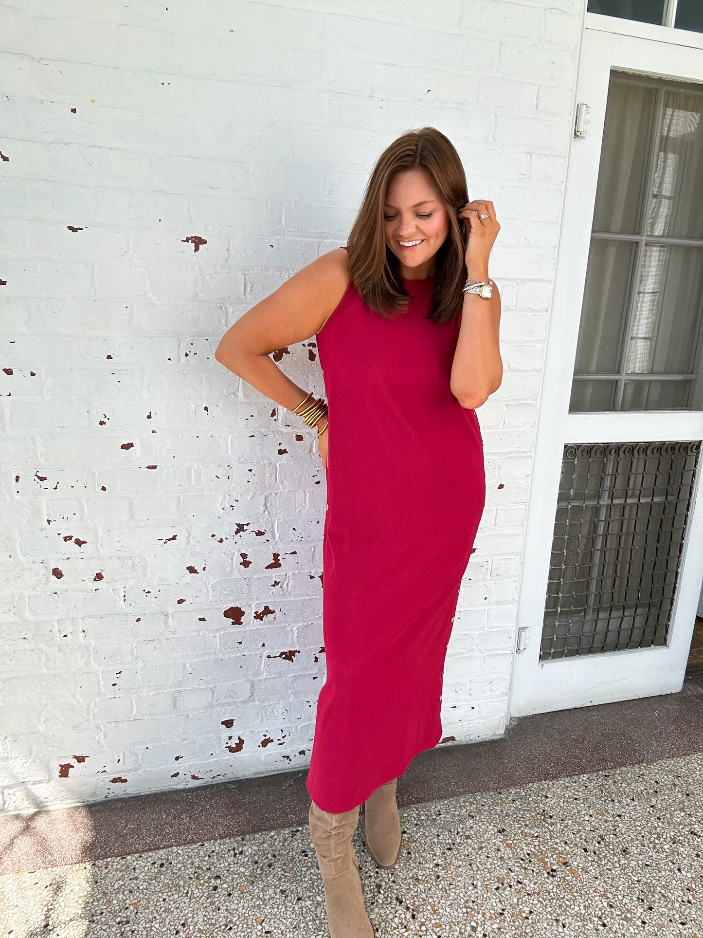 WINE NIGHT RIBBED MIDI DRESS