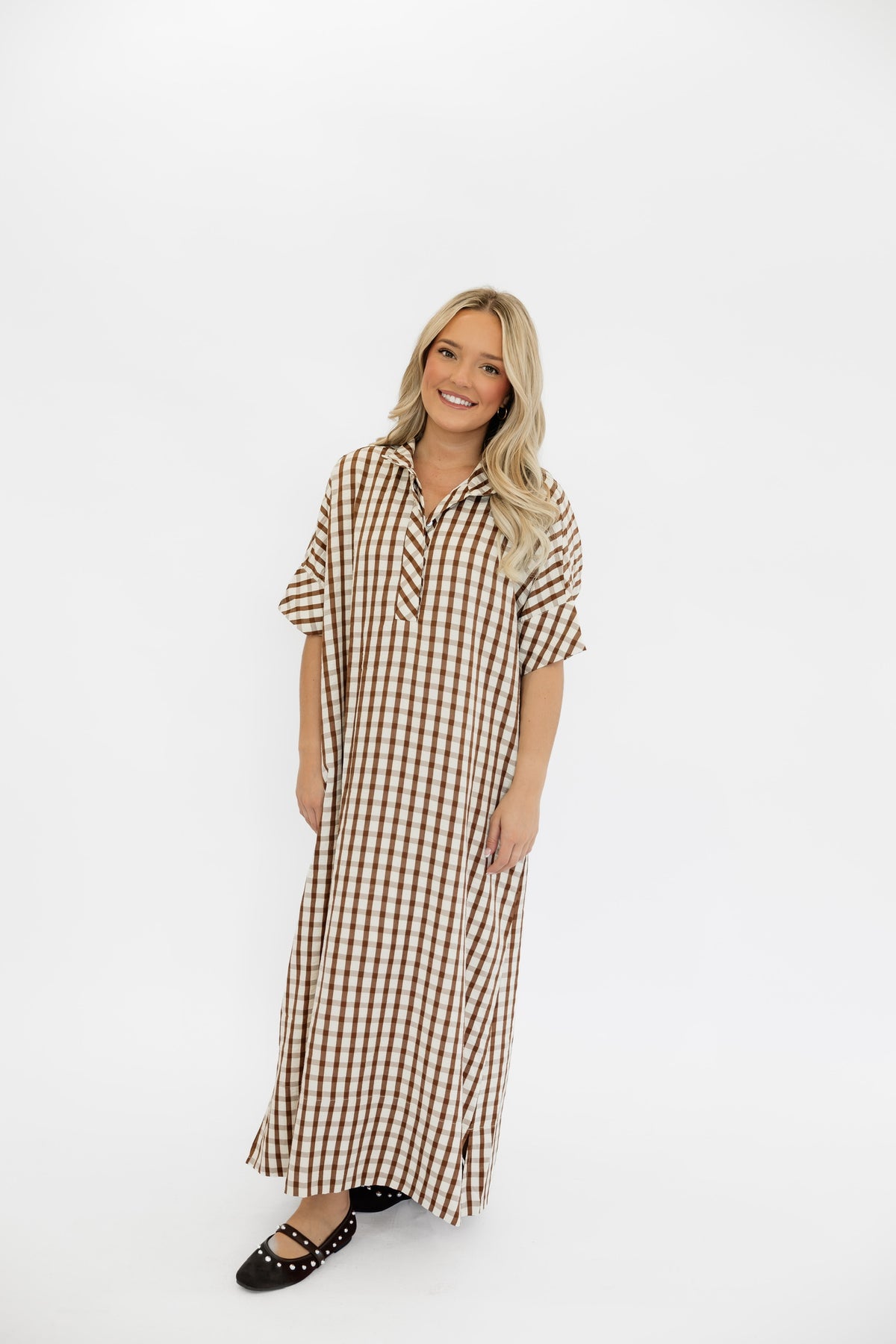 SUNDAY GINGHAM MAXI DRESS - BROWN