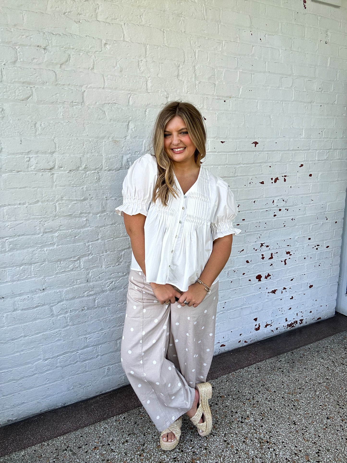 POLKA DOT WIDE LEG DENIM PANTS - CREAM