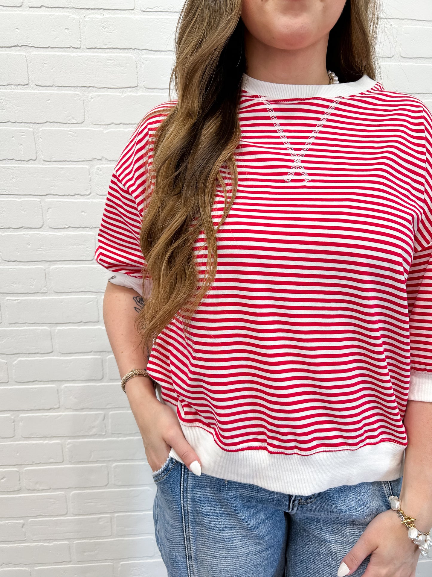 STRIPE QUARTER SLEEVE TOP - RED