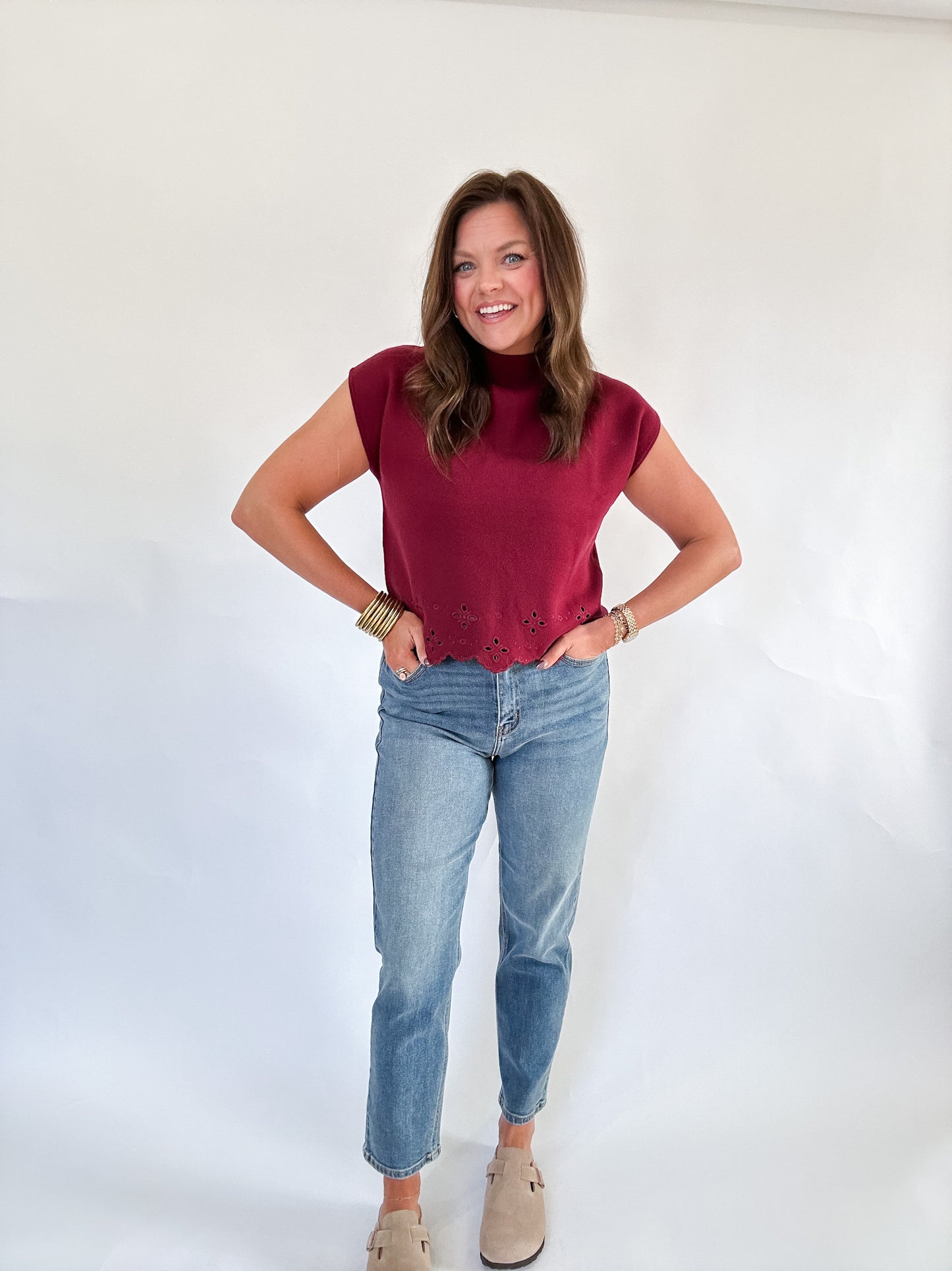 WINE DOWN EYELET SWEATER TOP