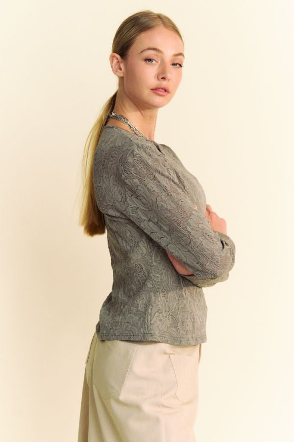 LACE LONG SLEEVE TOP - OLIVE