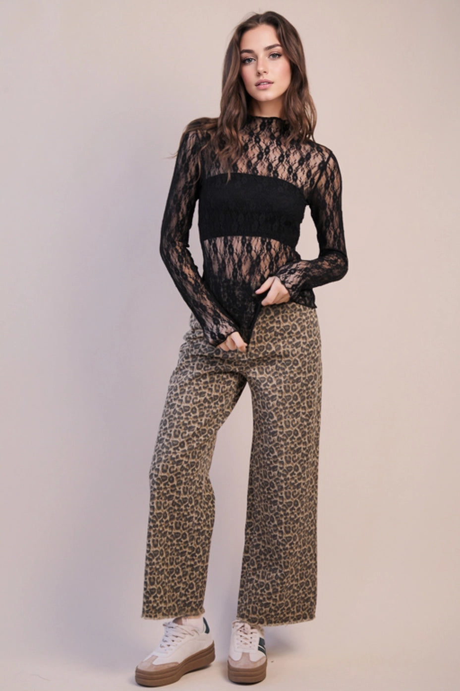 SHEER MESH LACE TOP - BLACK