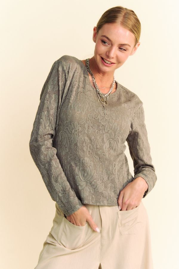 LACE LONG SLEEVE TOP - OLIVE