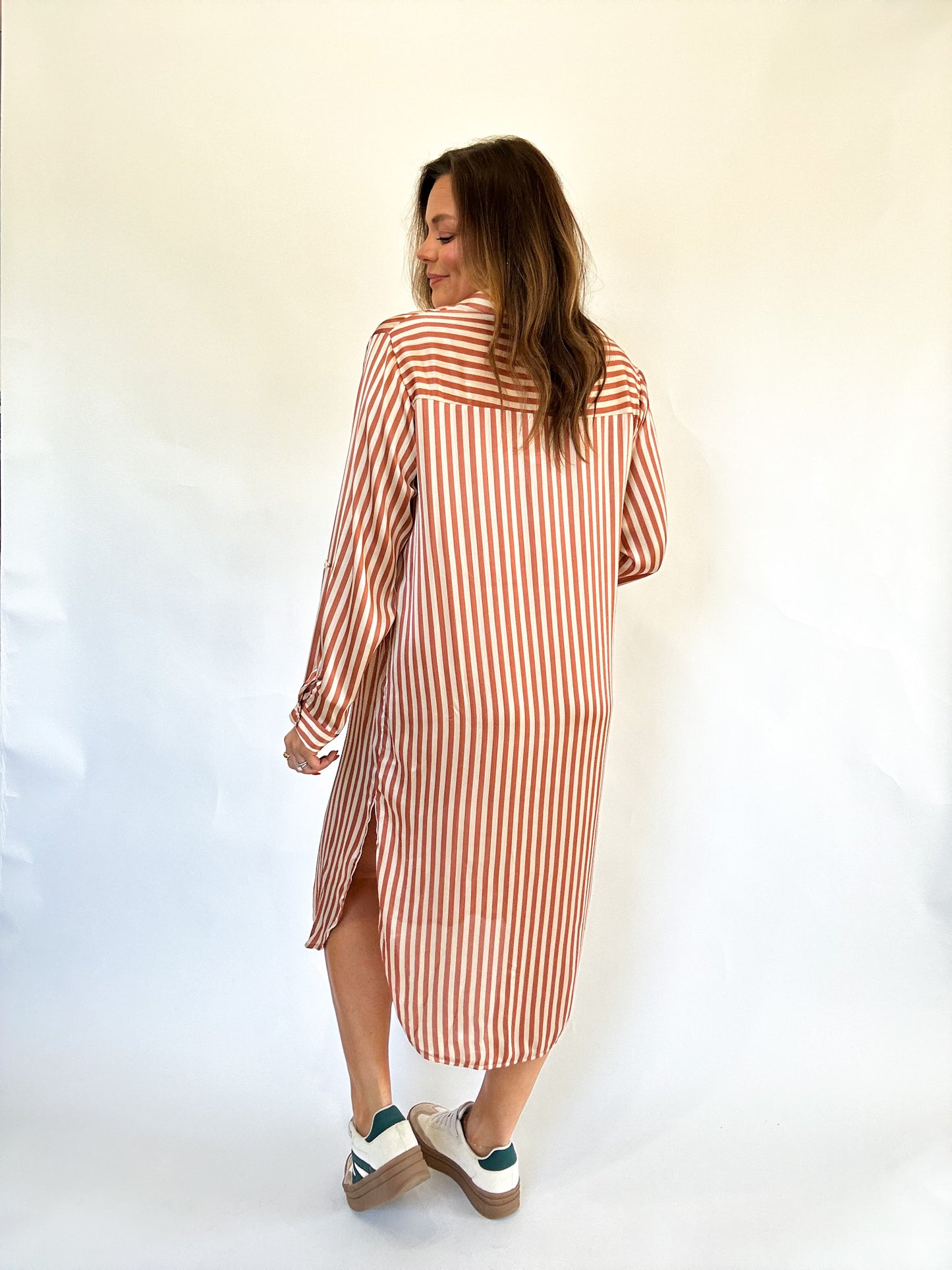 TERRACOTTA STRIPED MIDI DRESS