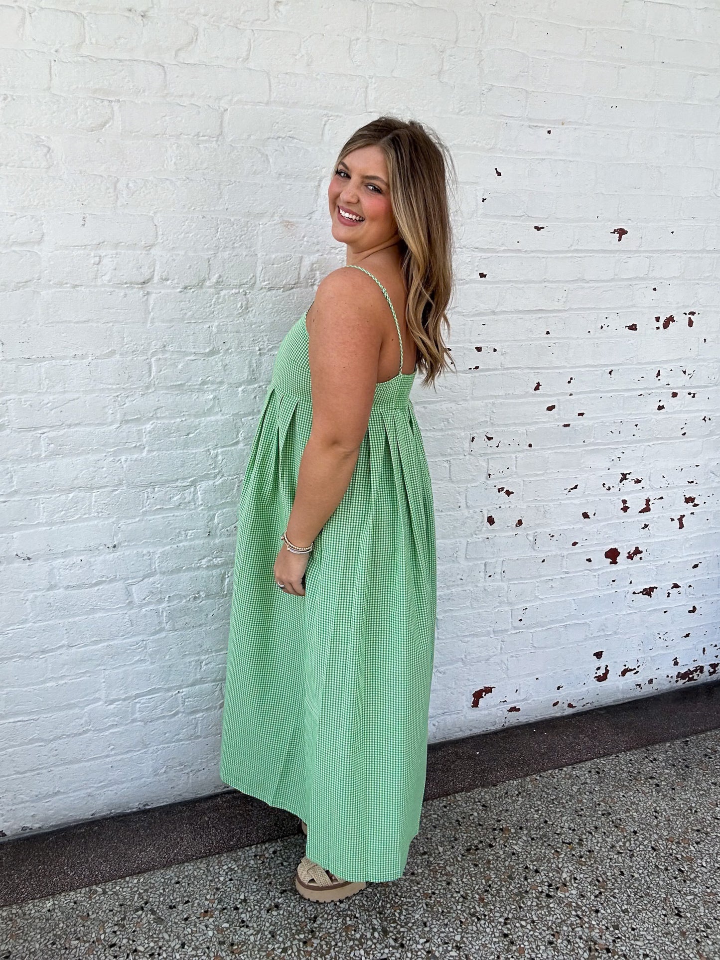 GINGHAM IN GREEN MIDI DRESS