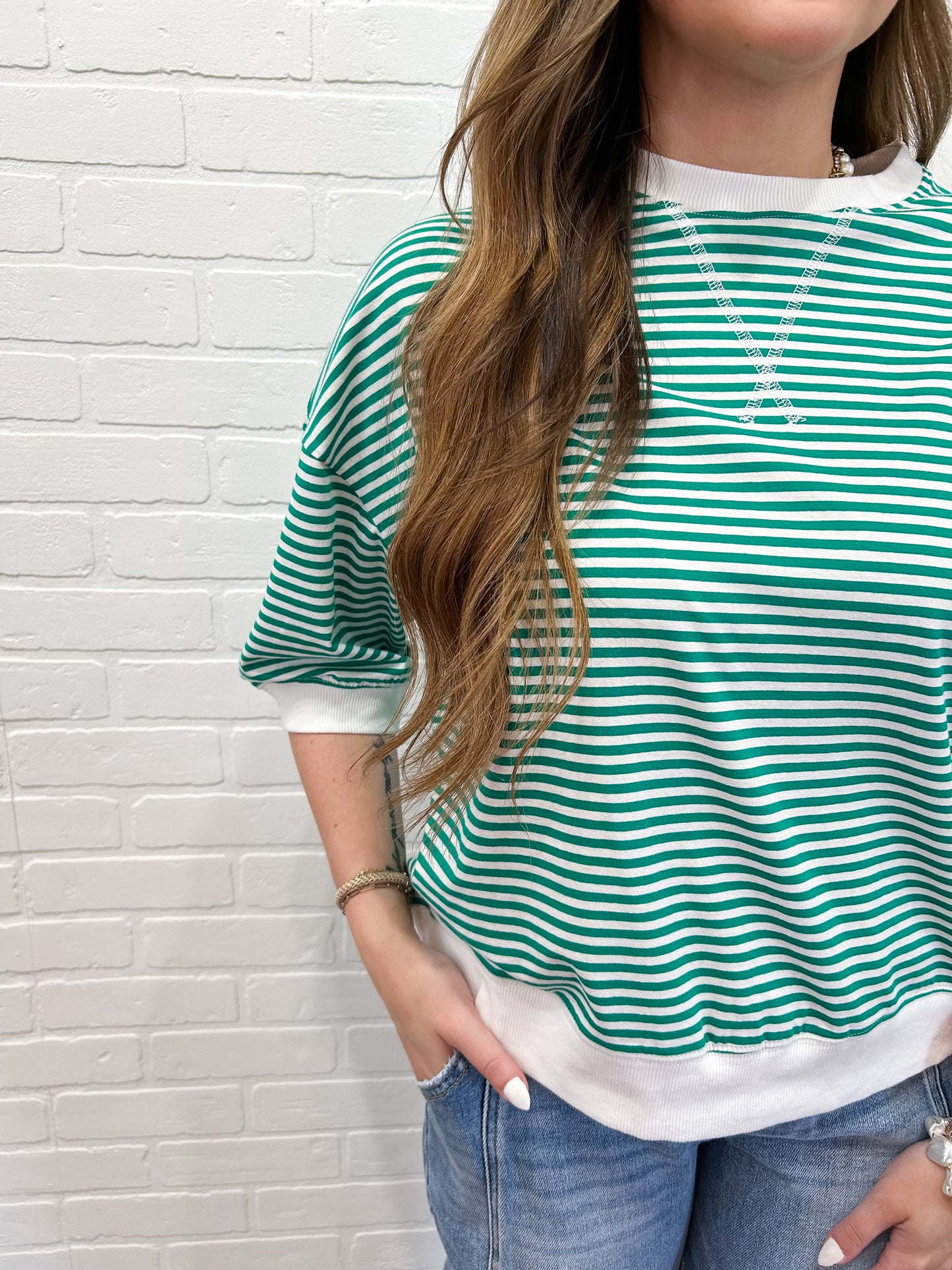 STRIPE QUARTER SLEEVE TOP - KELLY GREEN