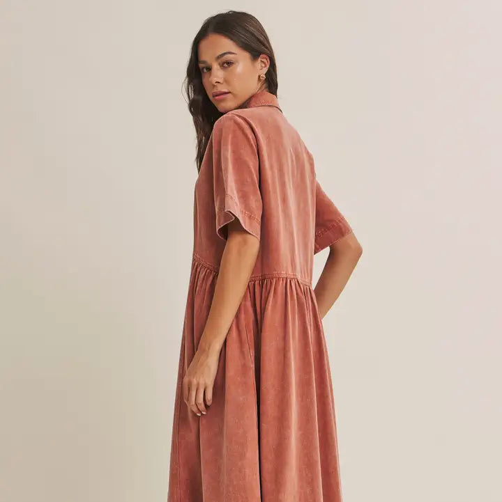 WASHED MAUVE DENIM MIDI DRESS