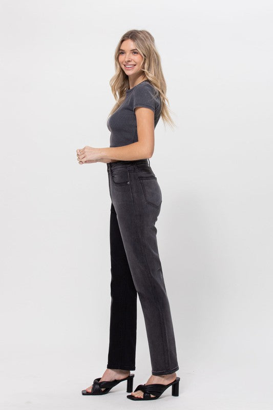 TWO TONE HIGH RISE STRAIGHT JEANS