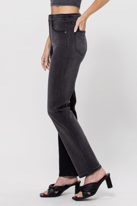 TWO TONE HIGH RISE STRAIGHT JEANS