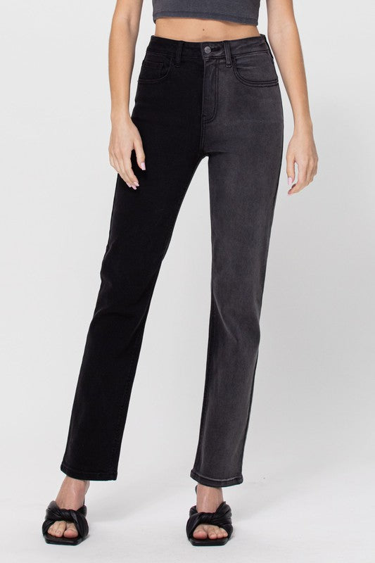 TWO TONE HIGH RISE STRAIGHT JEANS