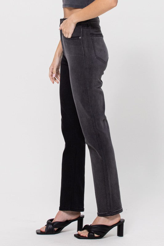 TWO TONE HIGH RISE STRAIGHT JEANS