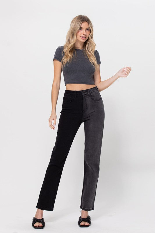 TWO TONE HIGH RISE STRAIGHT JEANS