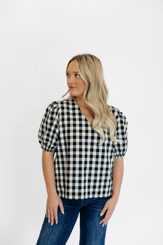 BACK IN GINGHAM TOP - BLACK
