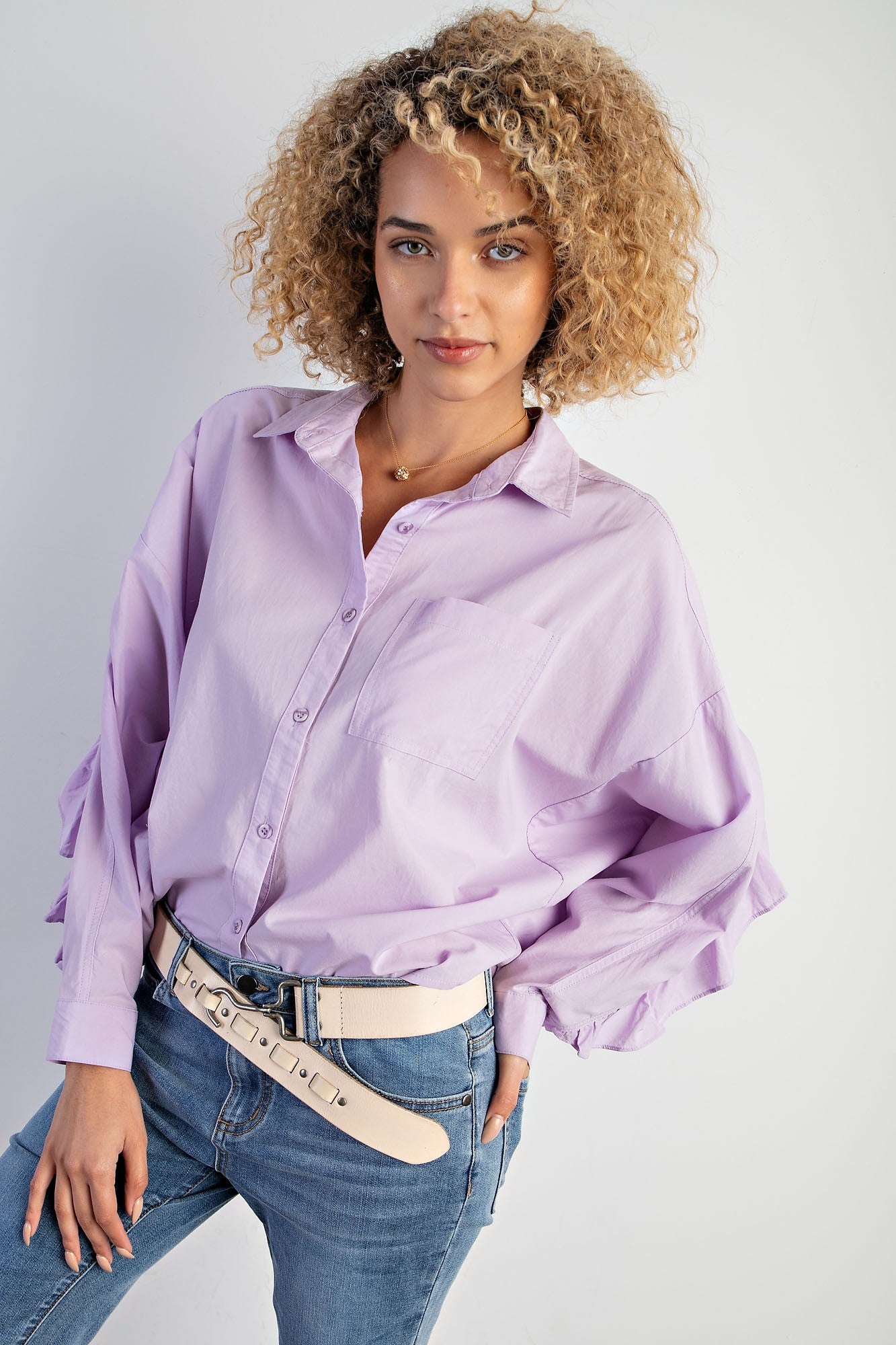 RUFFLED BUTTON DOWN TOP - LAVENDER