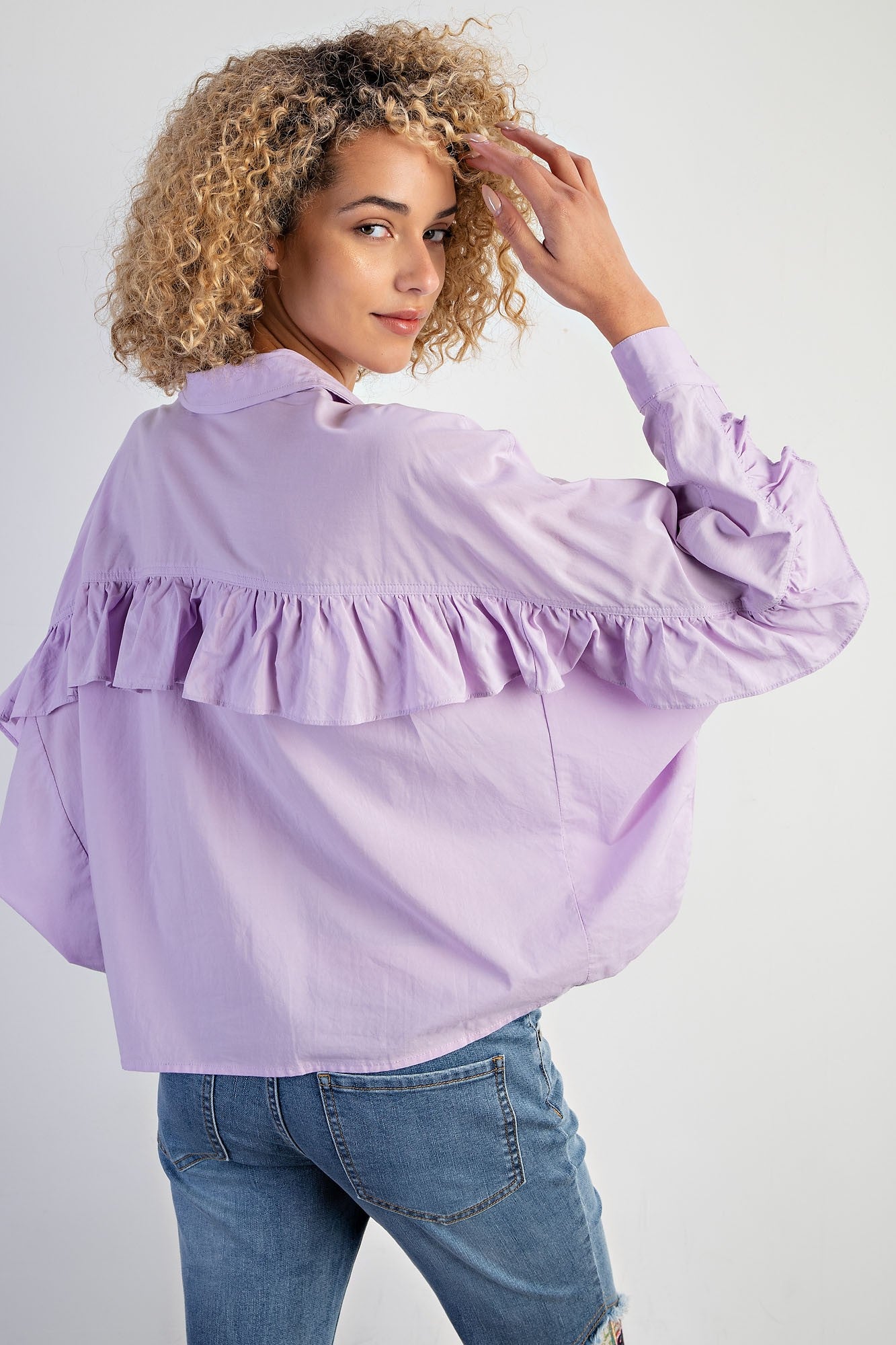 RUFFLED BUTTON DOWN TOP - LAVENDER