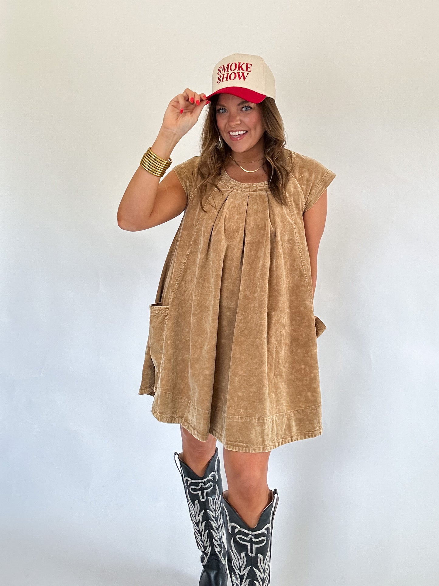 CAMEL CORDUROY DRESS