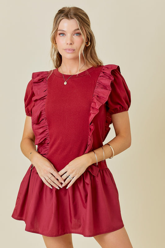 MAROON RUFFLED MINI DRESS