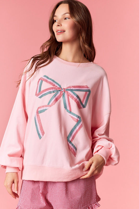 GINGHAM BOW CREWNECK - PINK