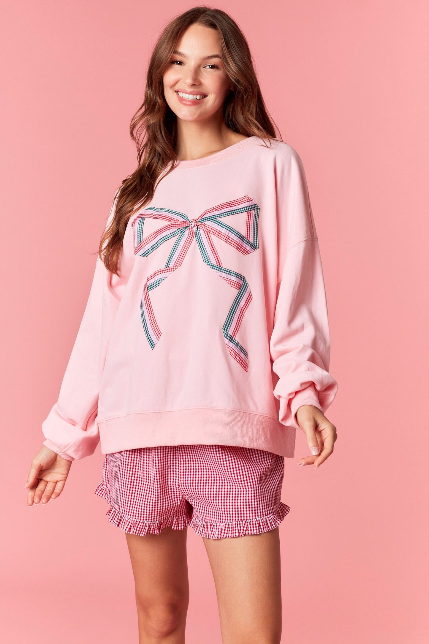 GINGHAM BOW CREWNECK - PINK
