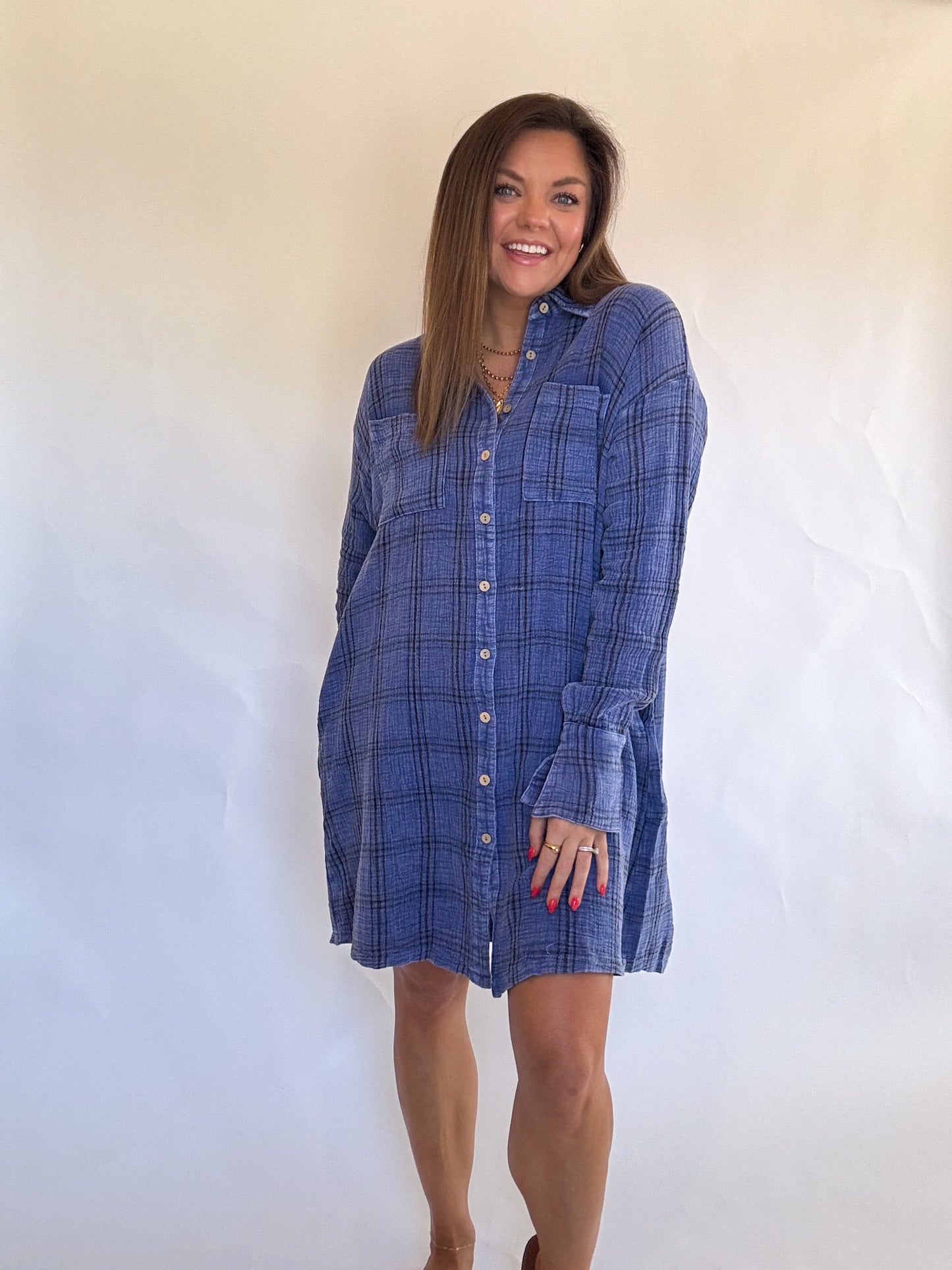 DENIM PLAID GAUZE DRESS