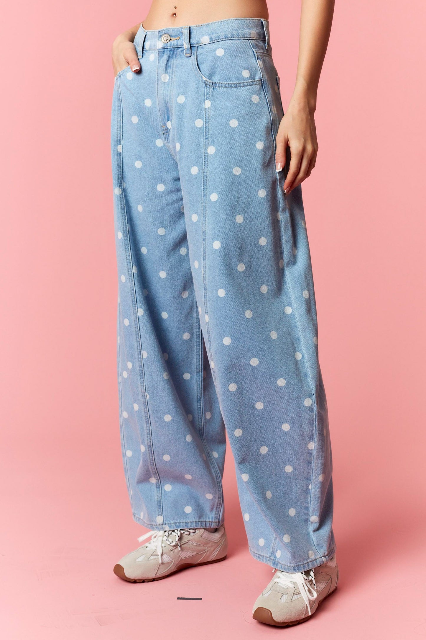 POLKA DOT WIDE LEG DENIM PANTS - BLUE