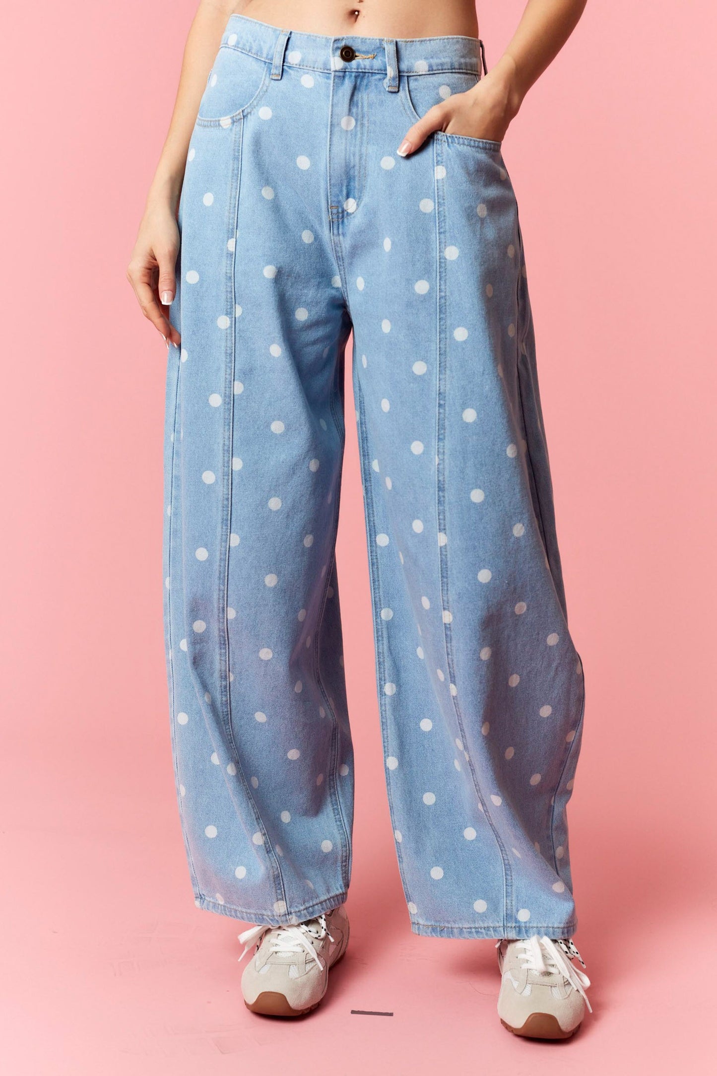 POLKA DOT WIDE LEG DENIM PANTS - BLUE