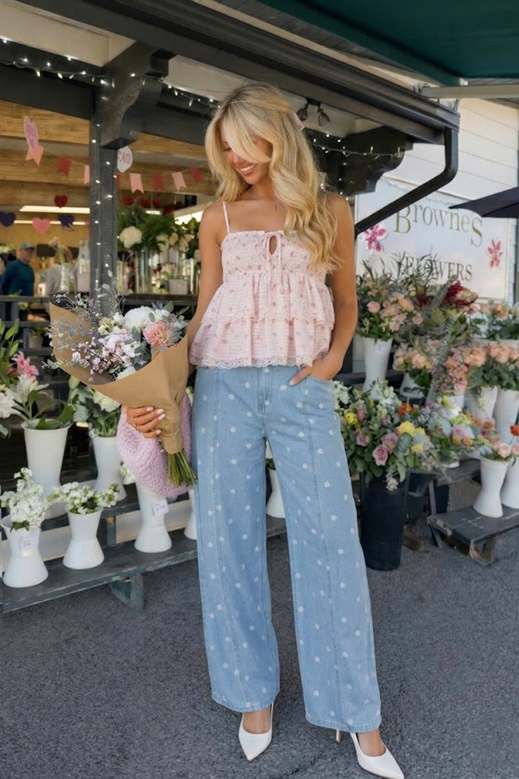POLKA DOT WIDE LEG DENIM PANTS - BLUE