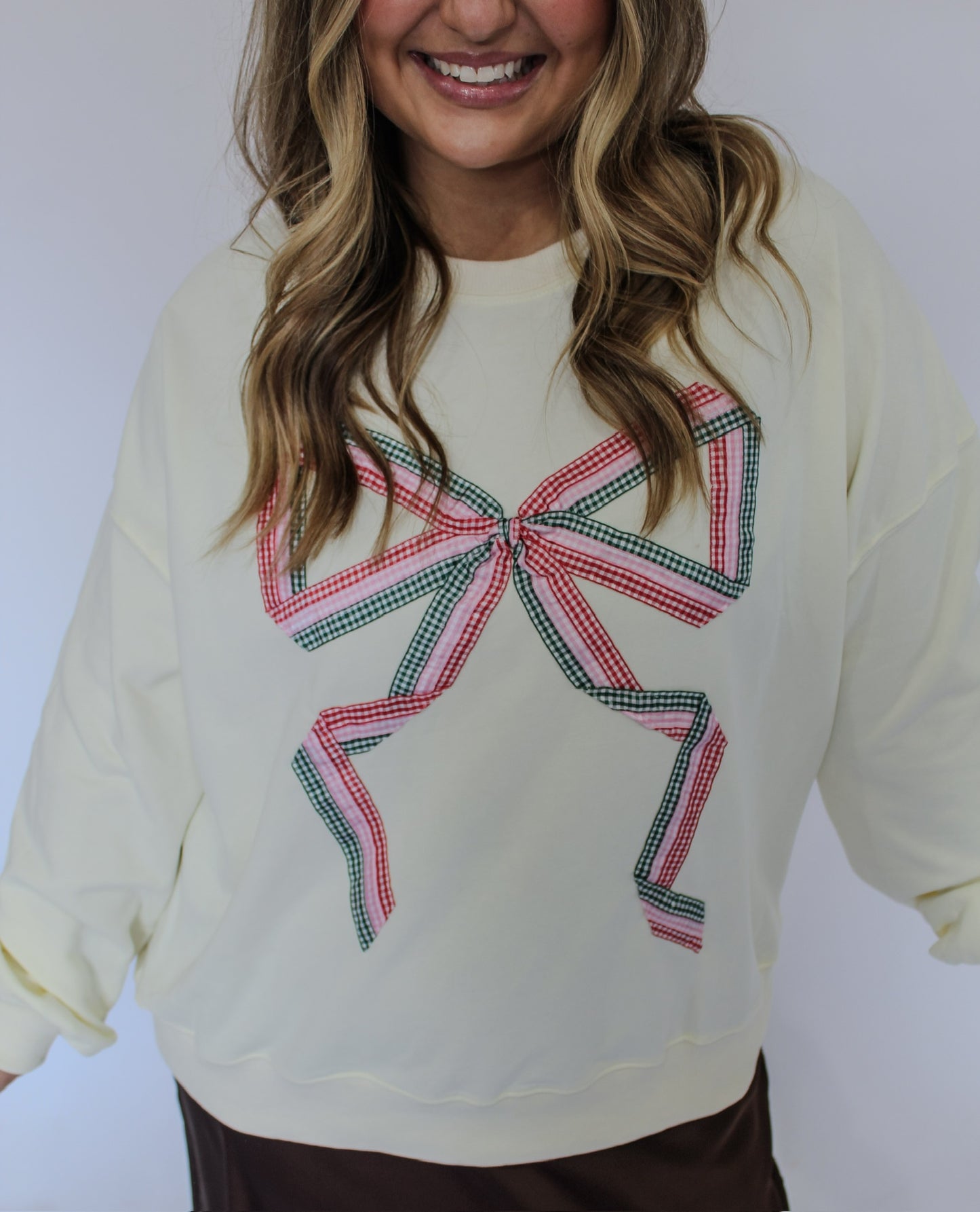 GINGHAM BOW CREWNECK - CREAM