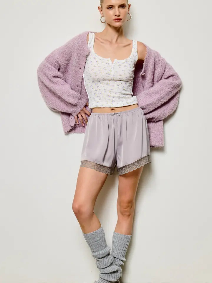 LACE TRIM SILKY SHORTS - SILVER LILAC