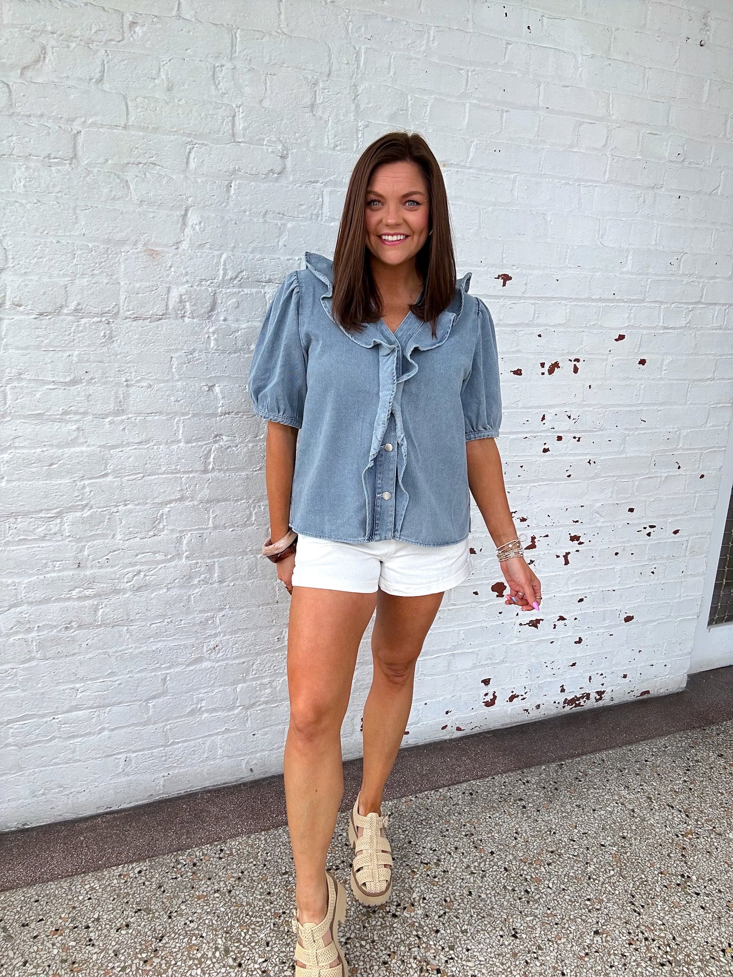 DENIM FRILLS TOP
