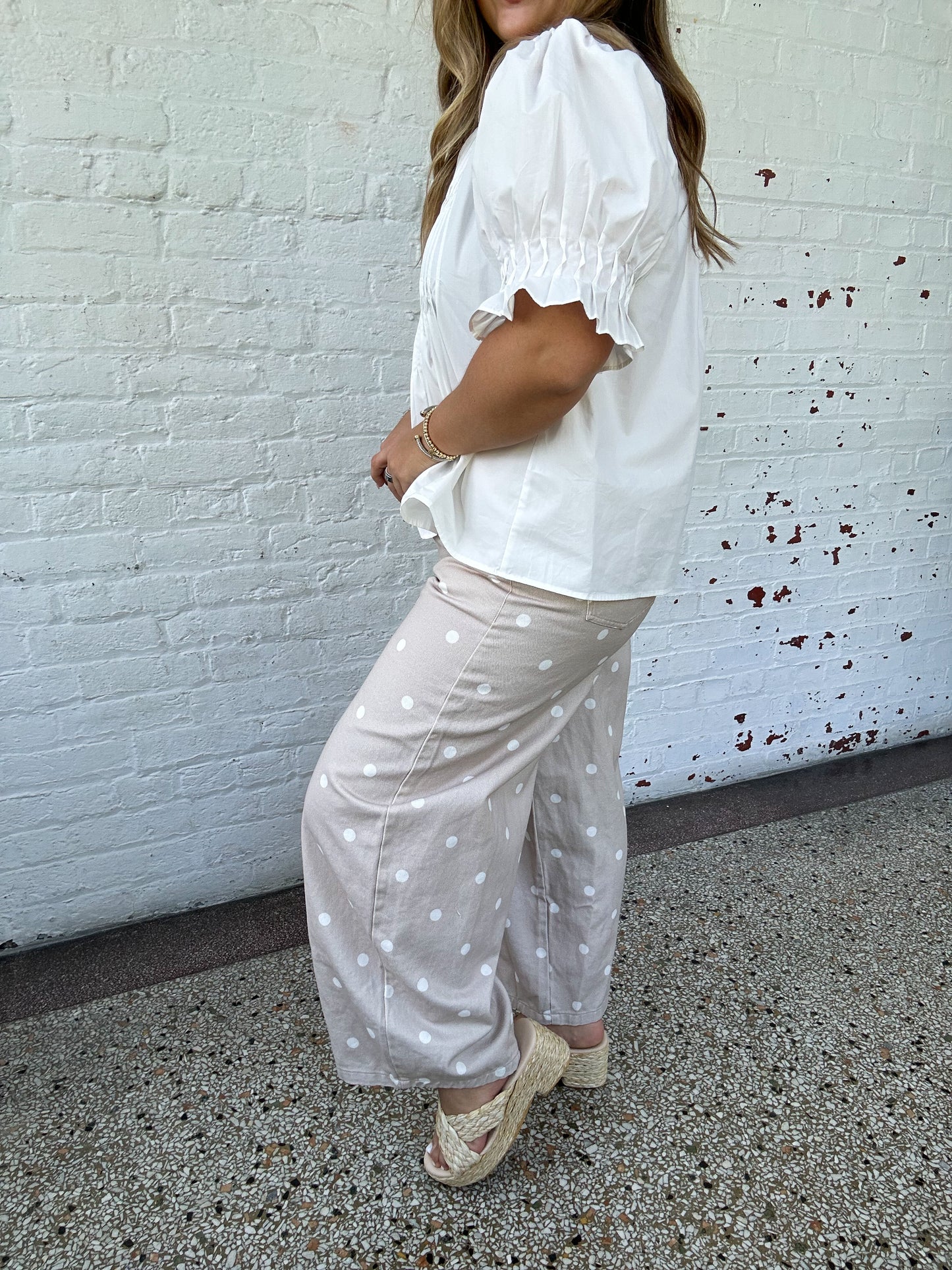POLKA DOT WIDE LEG DENIM PANTS - CREAM
