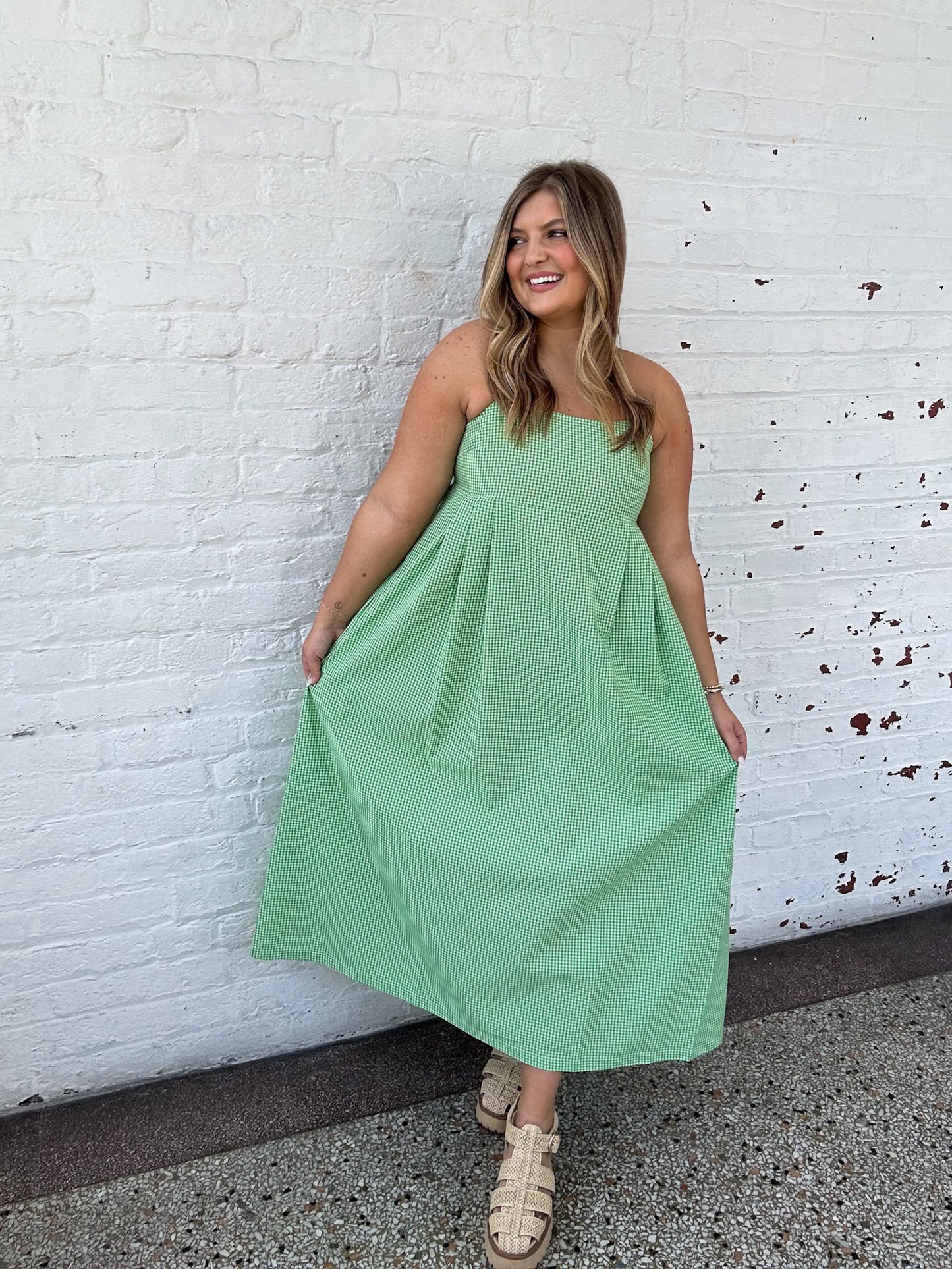 GINGHAM IN GREEN MIDI DRESS
