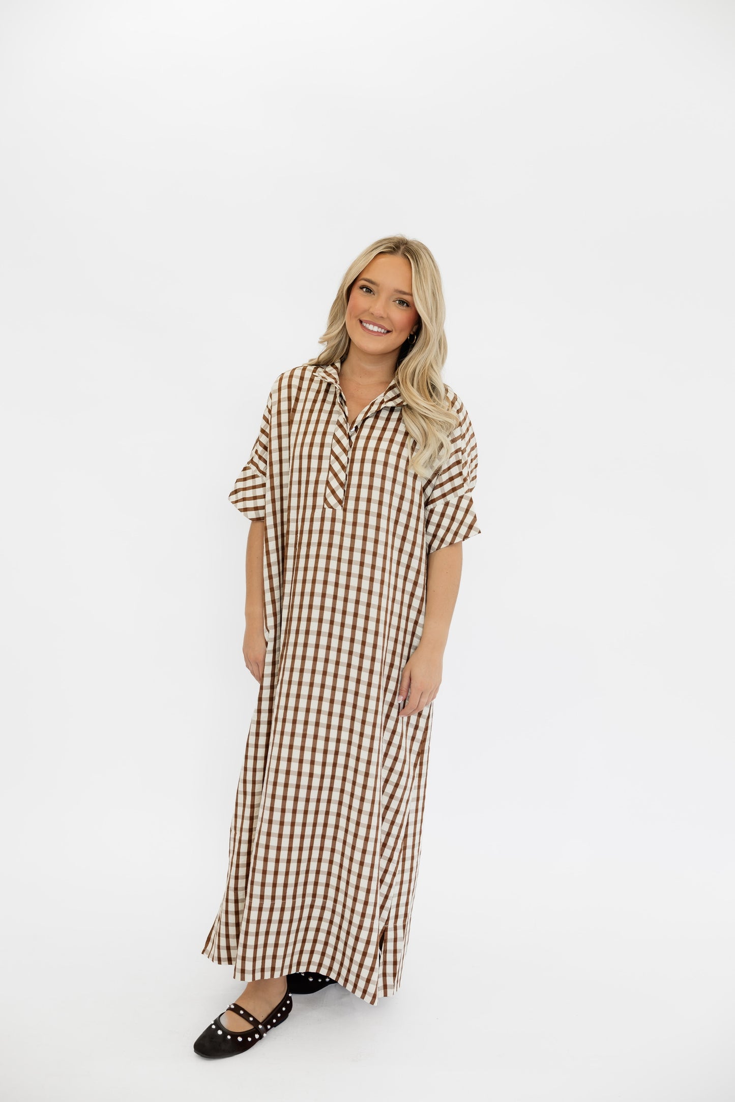 SUNDAY GINGHAM MAXI DRESS - BROWN