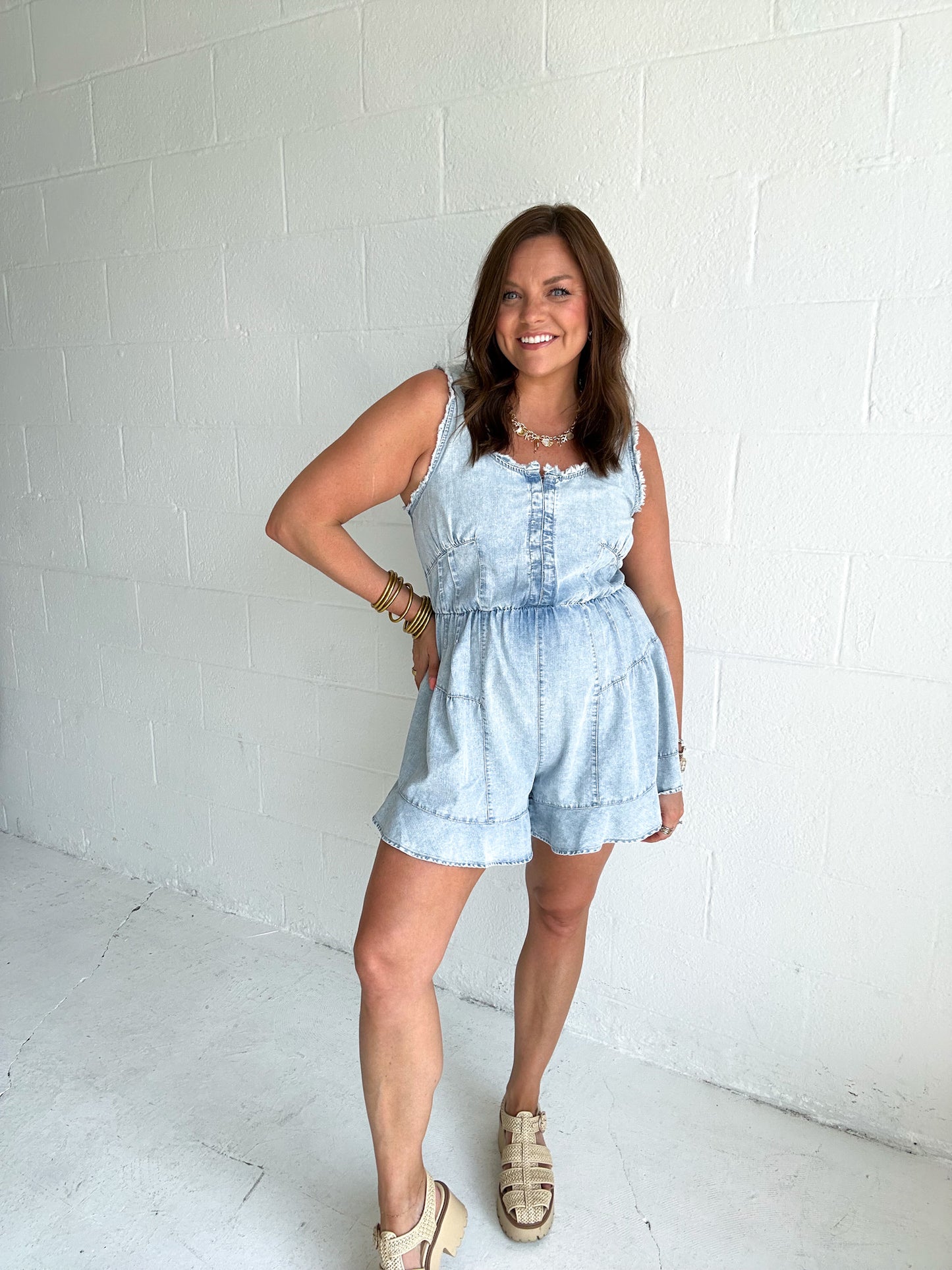 LIGHT WASH DENIM ROMPER