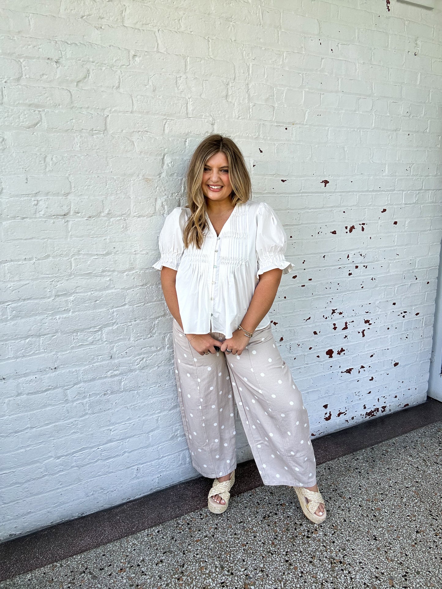 POLKA DOT WIDE LEG DENIM PANTS - CREAM