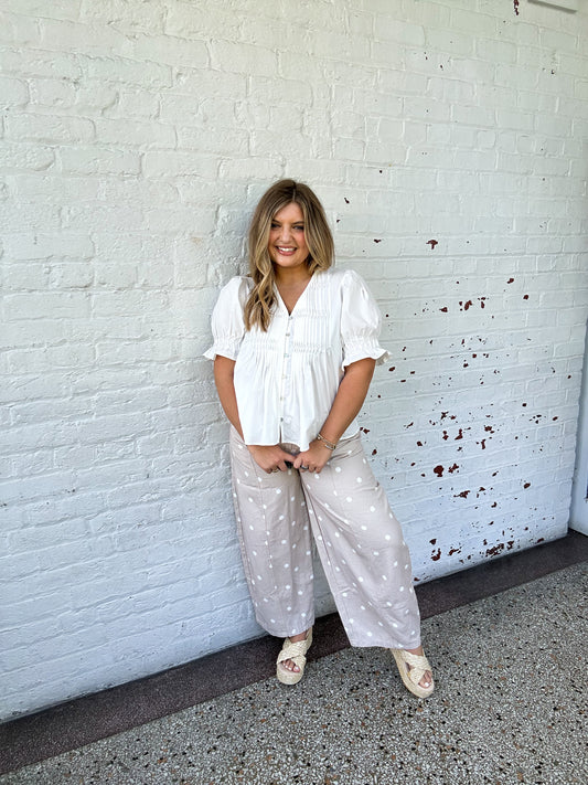 POLKA DOT WIDE LEG DENIM PANTS - CREAM