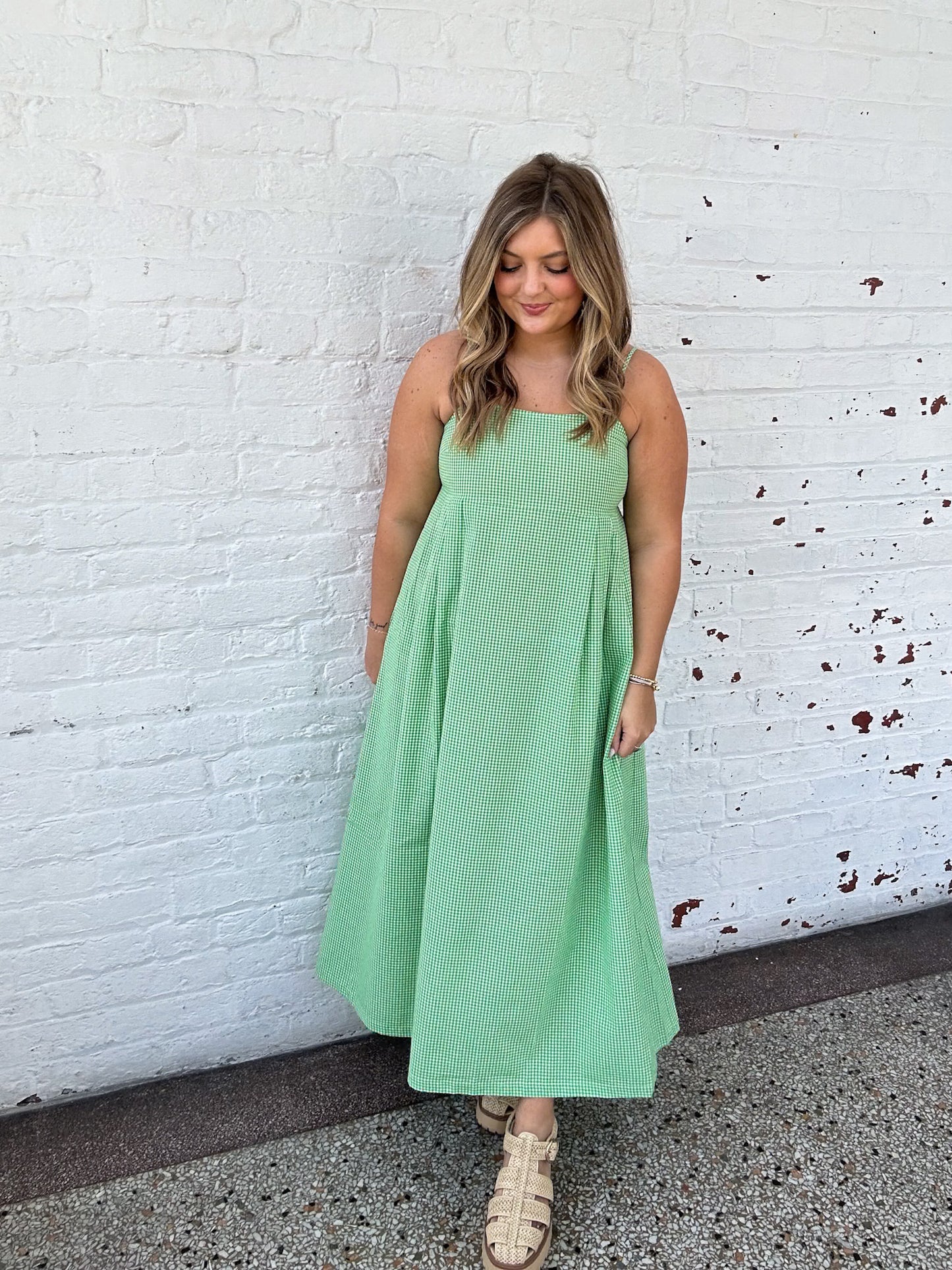 GINGHAM IN GREEN MIDI DRESS
