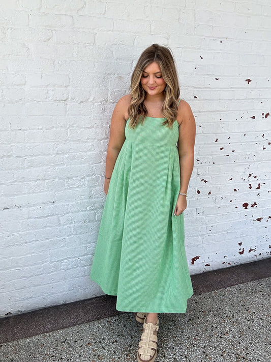 GINGHAM IN GREEN MIDI DRESS