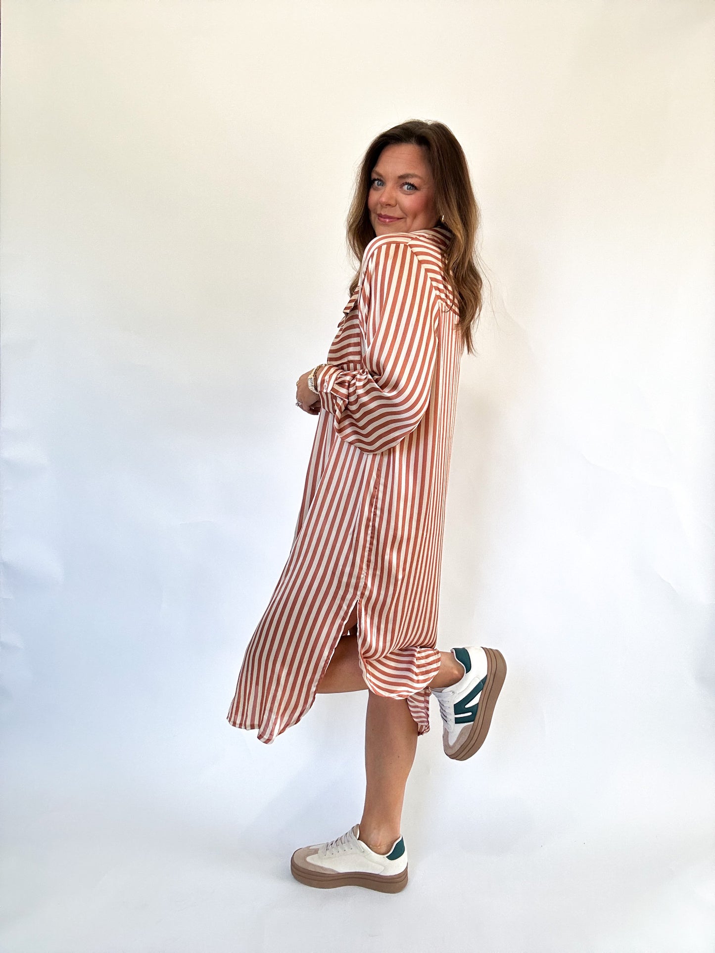 TERRACOTTA STRIPED MIDI DRESS