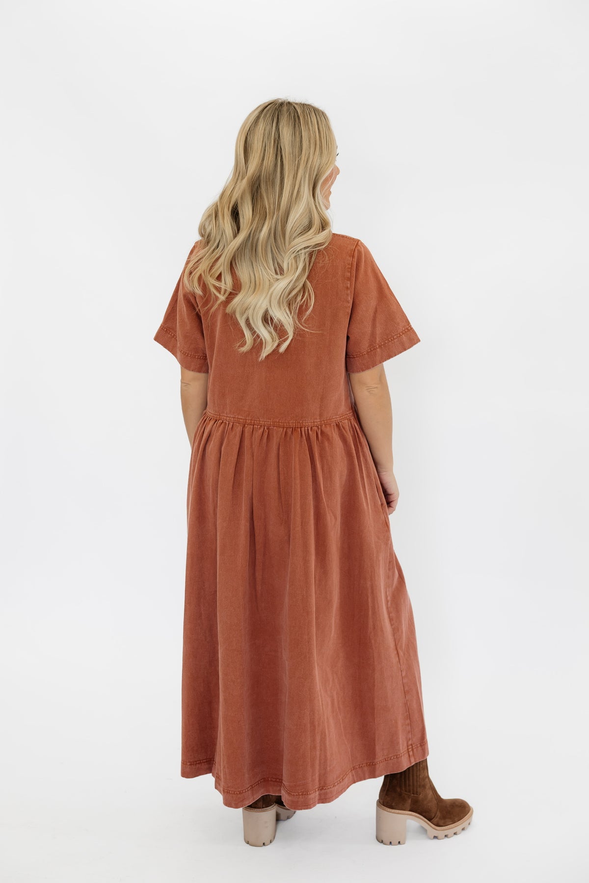 WASHED MAUVE DENIM MIDI DRESS